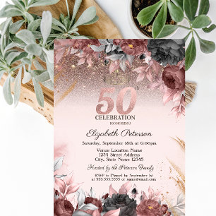 Lights,Chic Flowers Glitter 50th Birthday Invitation