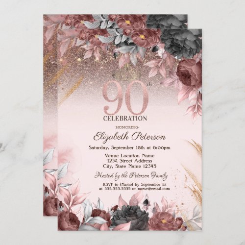  LightsChic Flowers Glitter 90th Birthday Invitation