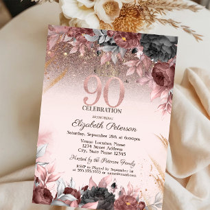  Lights,Chic Flowers Glitter 90th Birthday Invitation