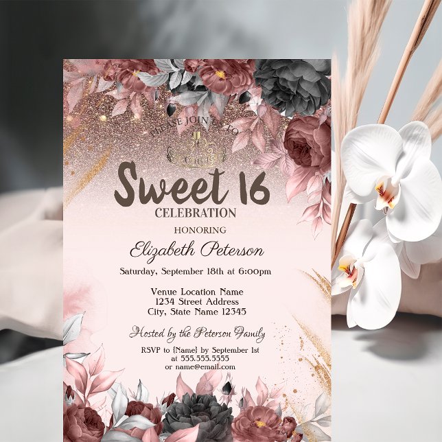  Lights,Chic Flowers Glitter Sweet 16  Invitation (Creator Uploaded)