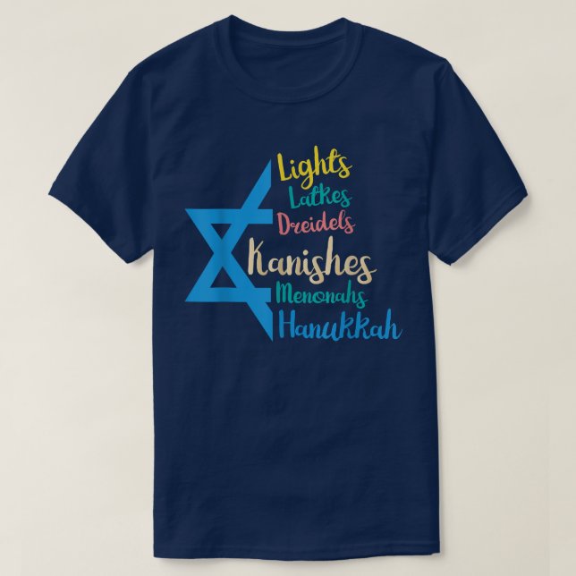 Lights Dreidels Latkes Hanukkah Chanukah Jewish Me T-Shirt (Design Front)