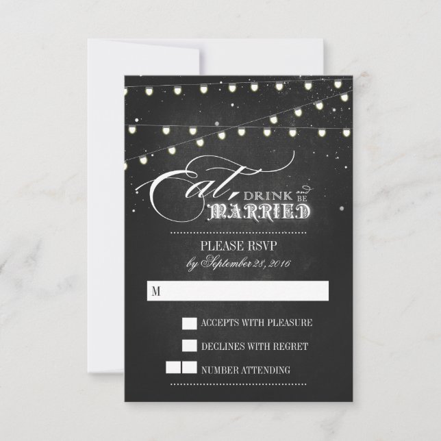 Lights Eat, Drink and Be Married Wedding RSVP card (Front)