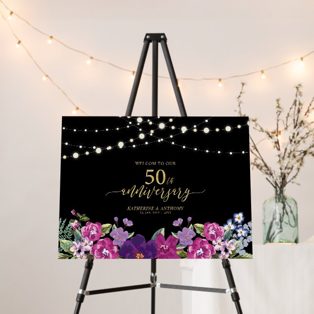 Lights & Floral 50th  Wedding Anniversary Welcome Foam Board (In Situ (Stand))