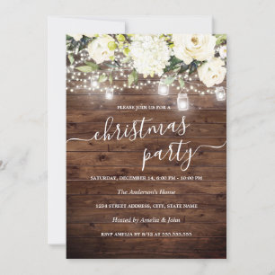 Lights Floral Rustic Wood Christmas Party Invite