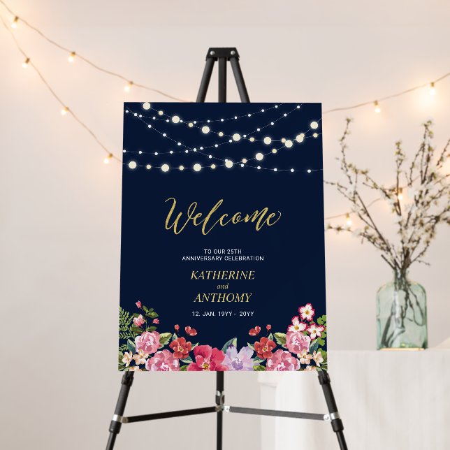 Lights & Floral Wedding Anniversary Gold Welcome Foam Board (In Situ (Stand))