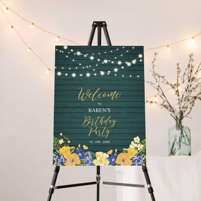 Lights & Flower Green Wood Birthday Party Welcome Foam Board (In Situ (Stand))