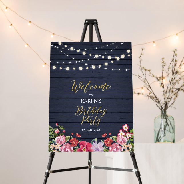 Lights & Flower Wood Birthday Party Welcome Sign (In Situ (Stand))