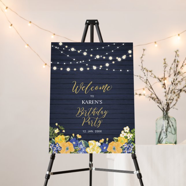 Lights & Flower Wood Birthday Party Welcome Sign (In Situ (Stand))