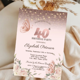 Lights,Flowers Glitter Butterflies 40th Birthday Invitation
