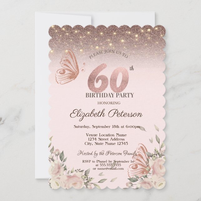  Lights,Flowers Glitter Butterflies 60th Birthday Invitation (Front)