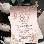 Lights,Flowers Glitter Butterflies 80th Birthday Invitation<br><div class="desc">A modern,  chic and glamorous invitation with an elegant gold tiara,  string lights,  glitter butterflies,  and pink flowers.</div>