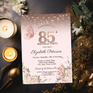  Lights,Flowers Glitter Butterflies 85th Birthday Invitation