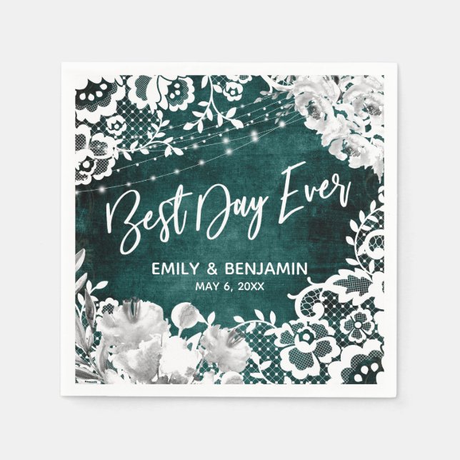 Lights, Flowers & Lace Rustic Teal Best Day Ever Napkins (Front)
