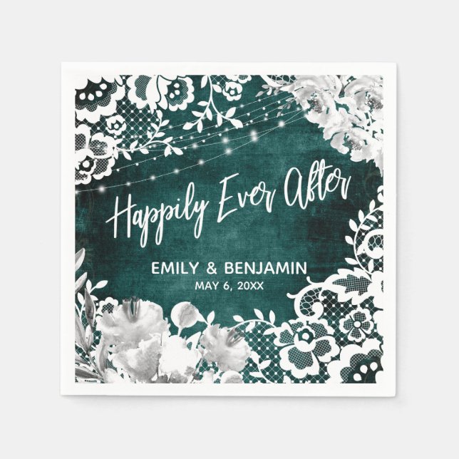 Lights Flowers Lace Rustic Teal Happily Ever After Napkins (Front)