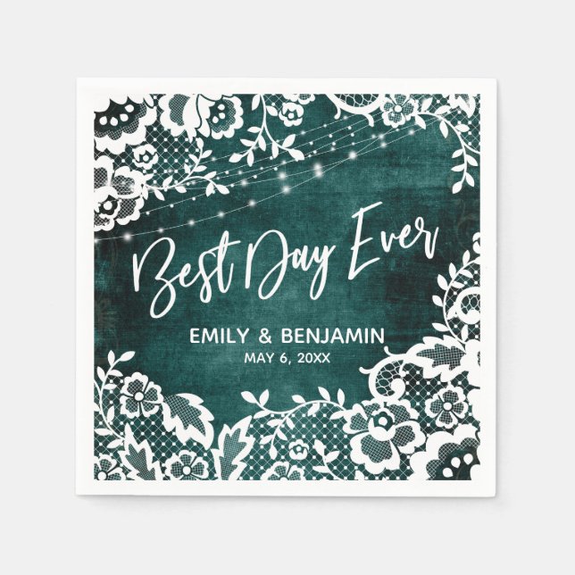 Lights & Lace Rustic Teal Best Day Ever Typography Napkins (Front)