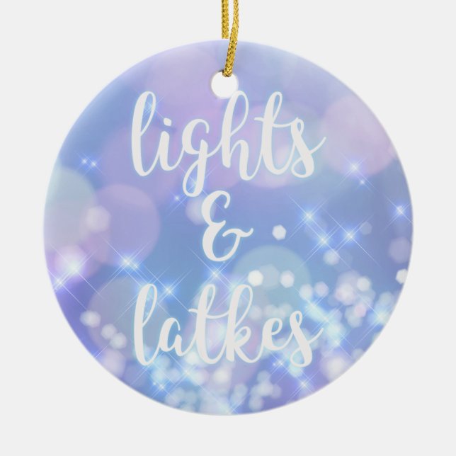 Lights & Latkes - Blue Sparkles Happy Hanukkah Ceramic Ornament (Front)