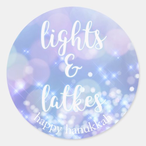 Lights  Latkes _ Blue Sparkles Happy Hanukkah Classic Round Sticker
