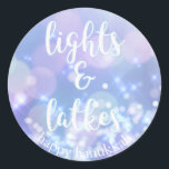 Lights & Latkes - Blue Sparkles Happy Hanukkah Classic Round Sticker<br><div class="desc">NewParkLane - Glamorous Hanukkah Stickers,  with blue sparkling,  glittering lights and fun quote 'lights & latkes' in a script typography. The backside says: 'happy hanukkah' in blue script.</div>