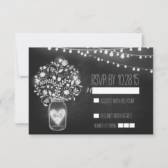 Lights mason jar chalkboard wedding RSVP cards (Front)
