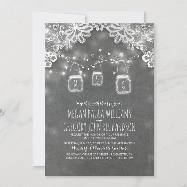 Lights Mason Jars Elegant Lace Rustic Wedding Invitation (Front)
