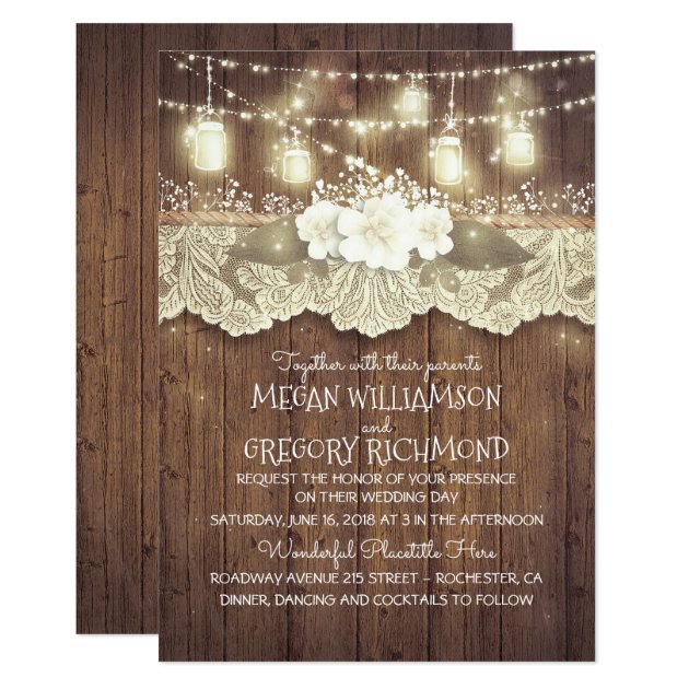 Lights Mason Jars Lace Rustic Country Chic Wedding Invitation