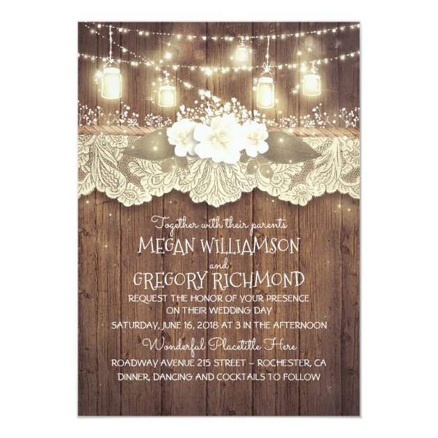 Lights Mason Jars Lace Rustic Country Chic Wedding Invitation