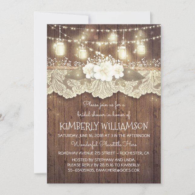 Lights Mason Jars Lace Wood Rustic Bridal Shower Invitation (Front)