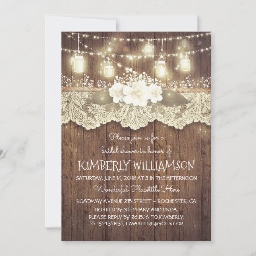 Lights Mason Jars Lace Wood Rustic Bridal Shower Invitation