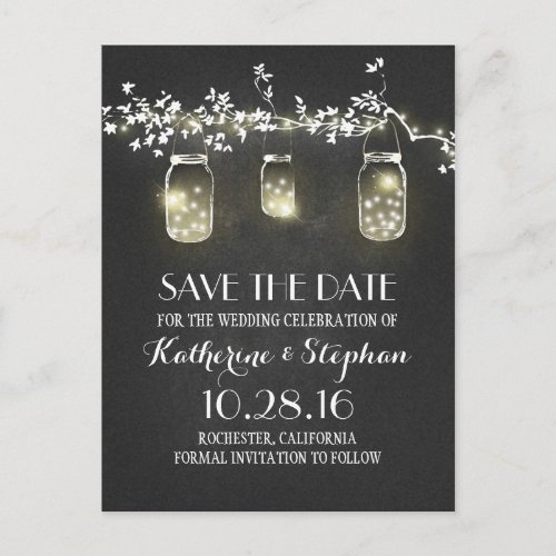 lights  mason jars rustic SAVE THE DATE postcard