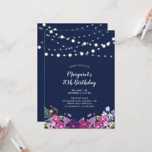 Lights & Navy Blue Floral Adult Birthday Party Invitation
