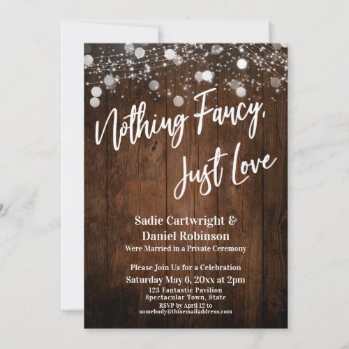 Lights on Wood Nothing Fancy Just Love Reception Invitation