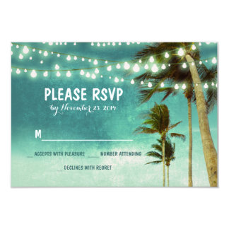 lights & palm trees beach teal wedding RSVP cards