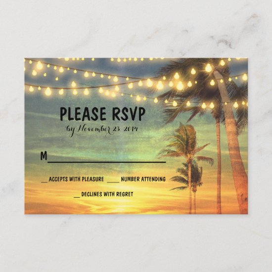 lights palms beach sunset wedding RSVP cards