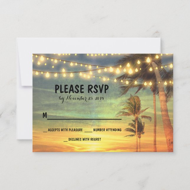 lights palms beach sunset wedding RSVP cards (Front)