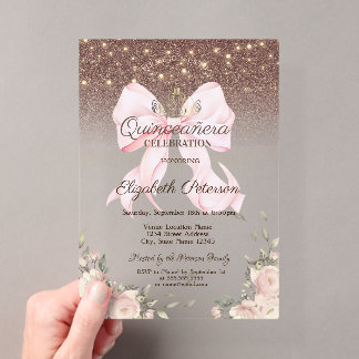 Lights, Pink Bow Flowers Glitter Quinceanera Acrylic Invitations
