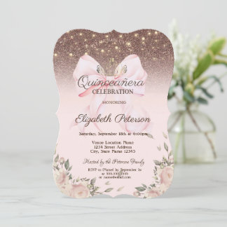 Lights, Pink Bow Flowers Glitter Quinceanera Invitation
