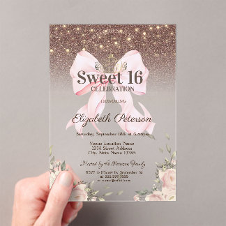Lights, Pink Bow Flowers Glitter Sweet 16 Acrylic Invitations