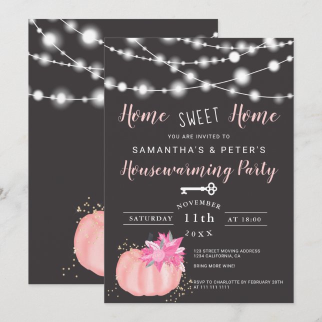 Lights pink floral pumpkin housewarming party invitation (Front/Back)