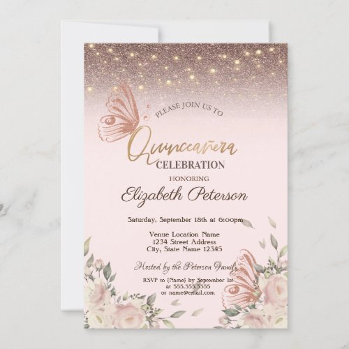 LightsPink Flower Glitter Bitterflies Quinceaers Invitation