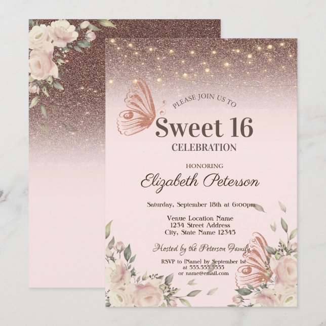  Lights, Pink Flowers Glitter Butterflies Sweet 16 Invitation (Front/Back)