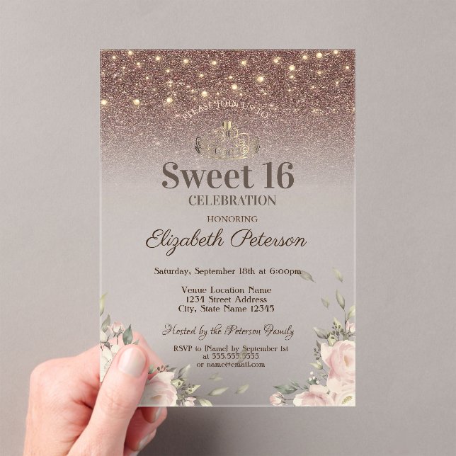  Lights, Pink Flowers Glitter Sweet 16 Acrylic Invitations (Insitu (Handheld))