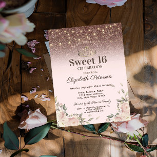 Lights, Pink Flowers Glitter Sweet 16 Invitation