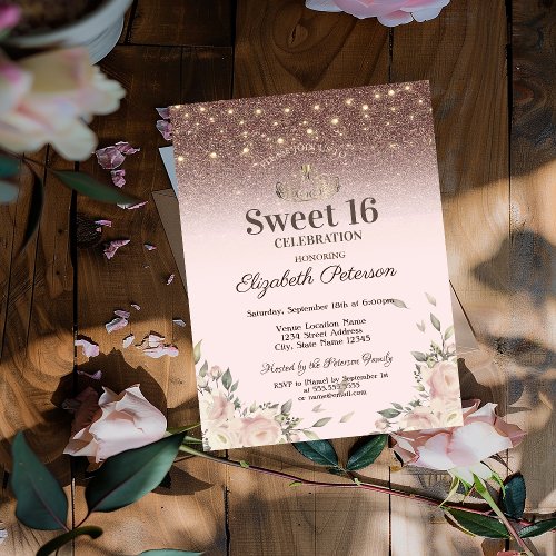  Lights Pink Flowers Glitter Sweet 16 Invitation