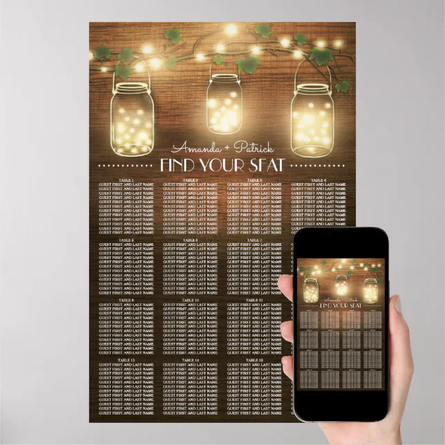 Lights + Rustic Mason Jar Wedding Seating Chart | Zazzle