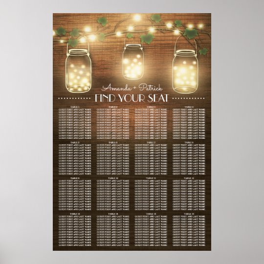 Lights + Rustic Mason Jar Wedding Seating Chart | Zazzle.com