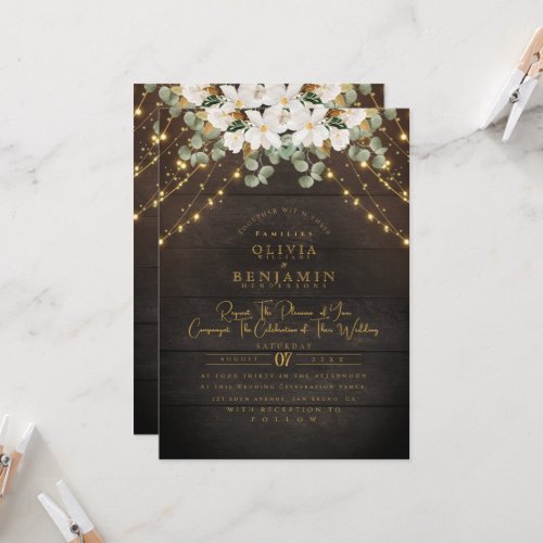 Lights Rustic Wood Floral Eucalyptus Green Wedding Invitation