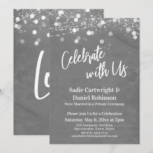 Lights Textured Celebrate with Us Gray Reception Invitation (Front/Back)