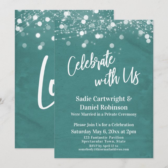 Lights Textured Celebrate with Us Teal Reception Invitation (Front/Back)