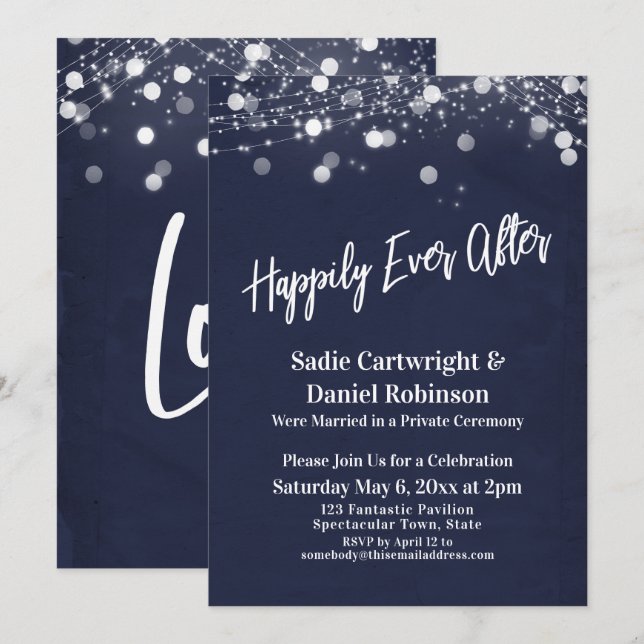 Lights Textured Happily Ever After Reception Navy Invitation (Front/Back)