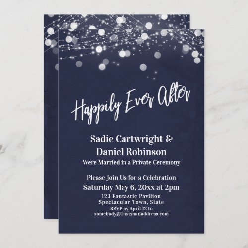 Lights Textured Happily Ever After Reception Navy Invitation